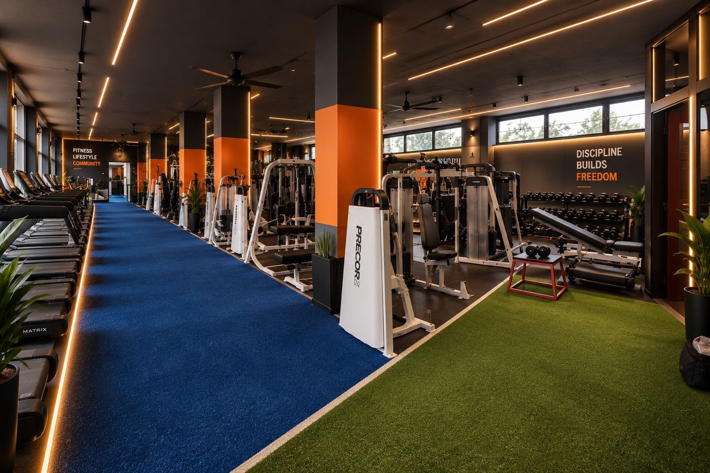 The training floor: blue cardio lane, machines through the middle, green functional corner