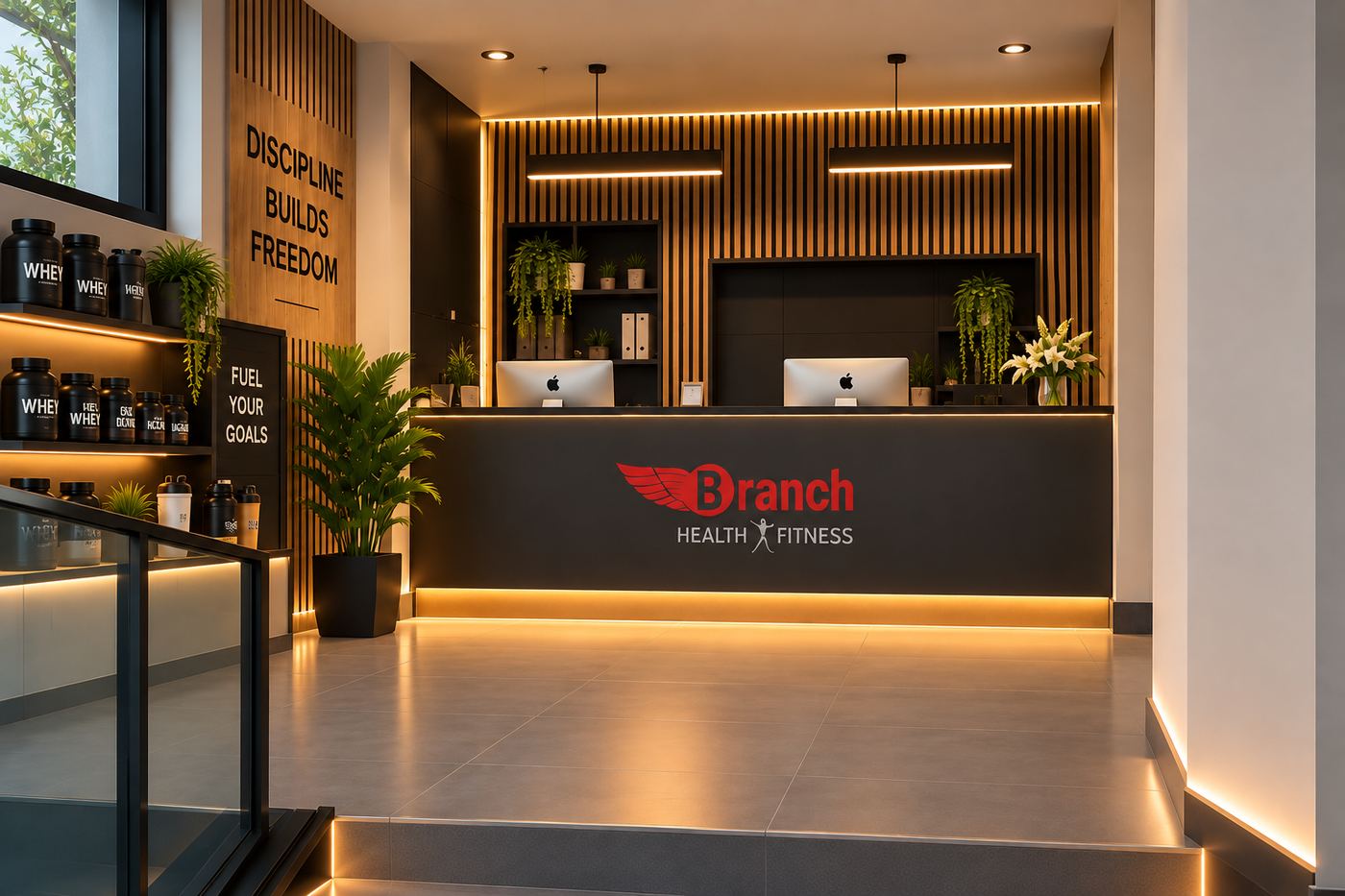 Reception at Branch: a single dark counter carrying the Branch mark, underlit