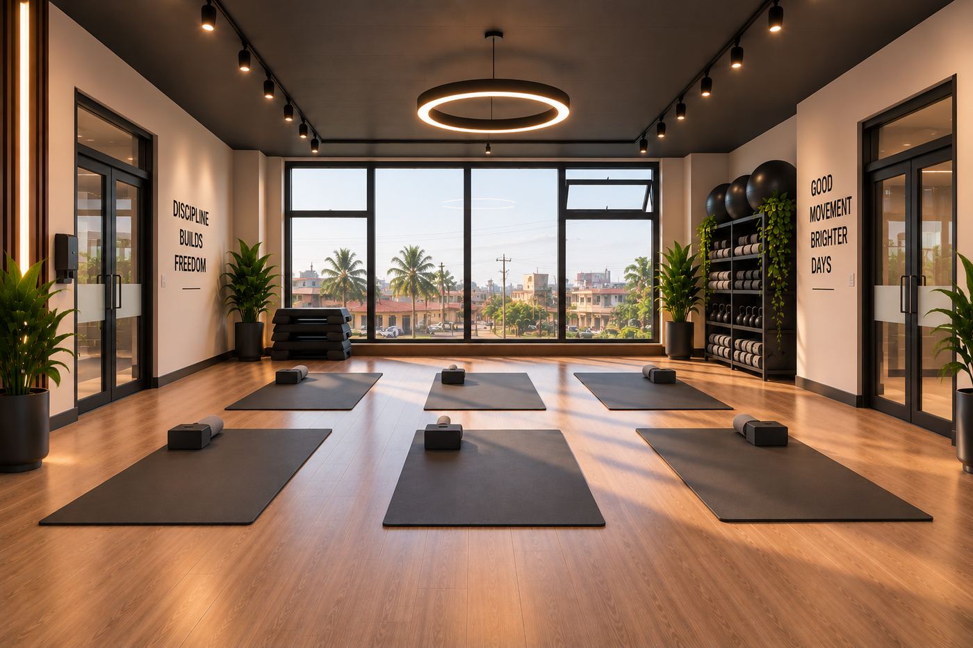 The class studio: mats laid out on a timber floor, ring pendant overhead, window open to Spintex Road